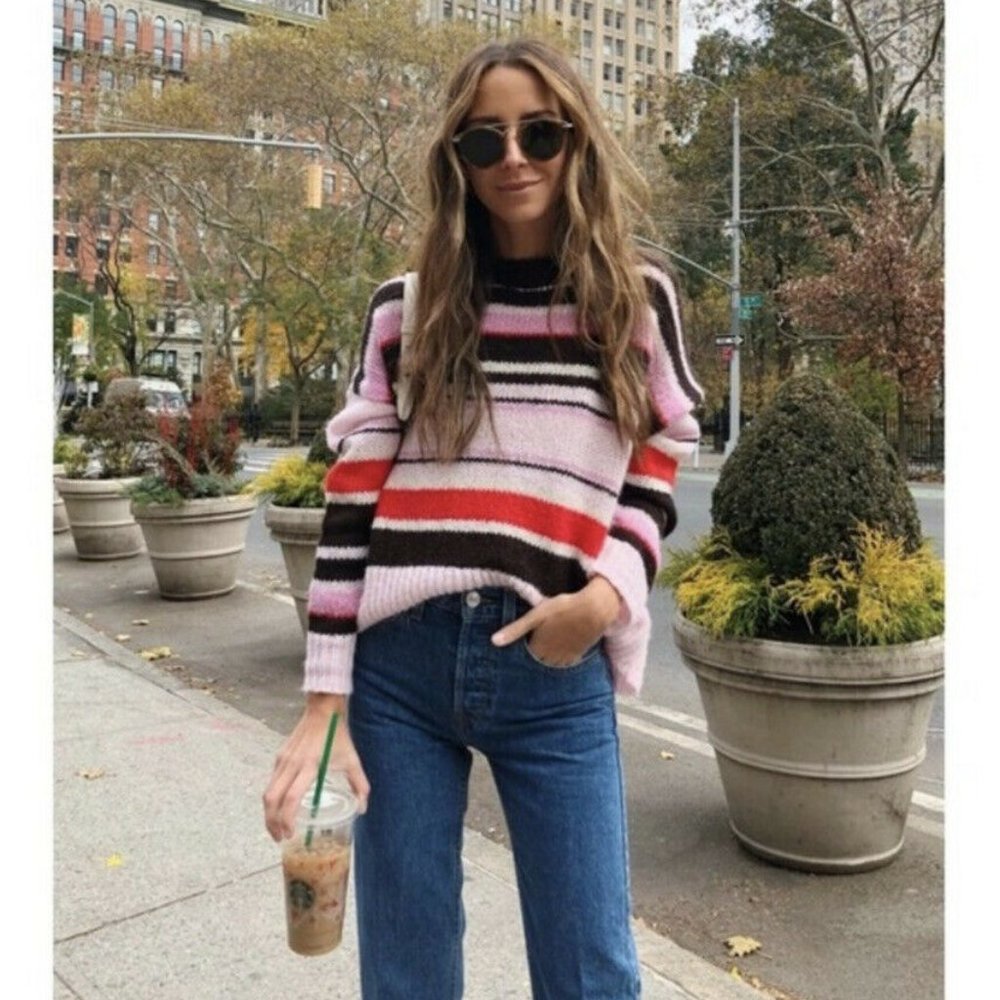 SOMETHING NAVY Pink Muted Striped Mohair Sweater